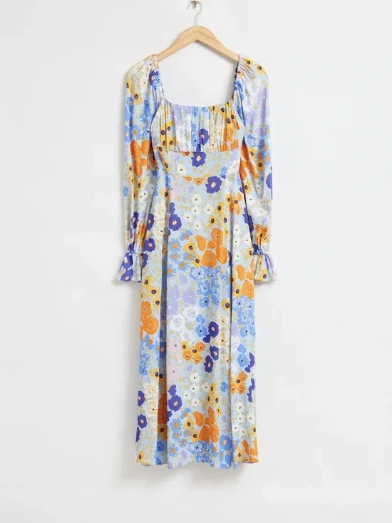 & Other Stories Floral Print Puff Sleeve Midi Dress with front slit - Picture 3 of 4